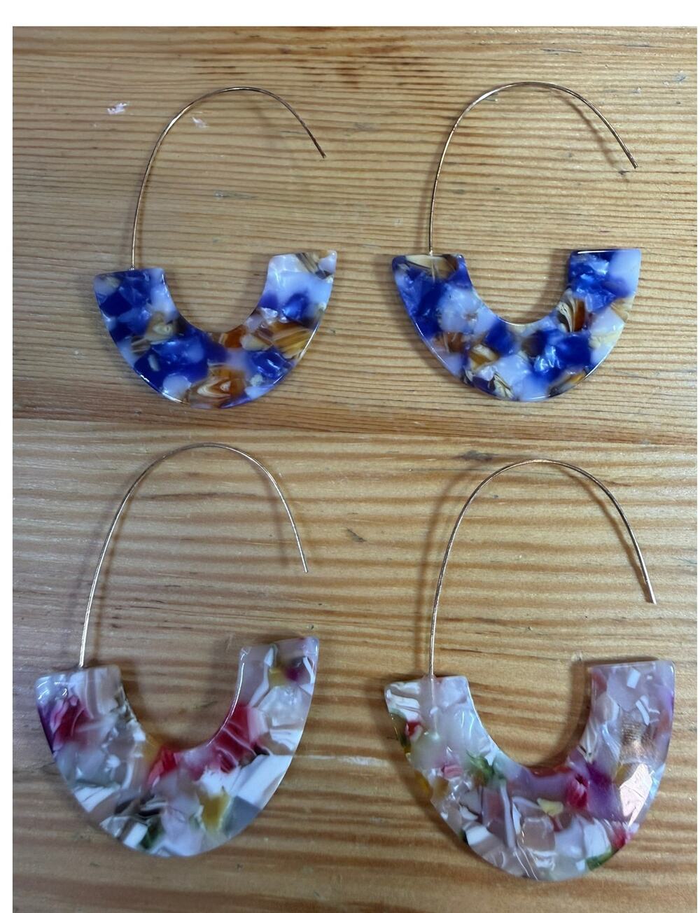 2 Pair Marbled Acrylic Acetate Open Hoop Earrings Blue Pink Statement 3"
